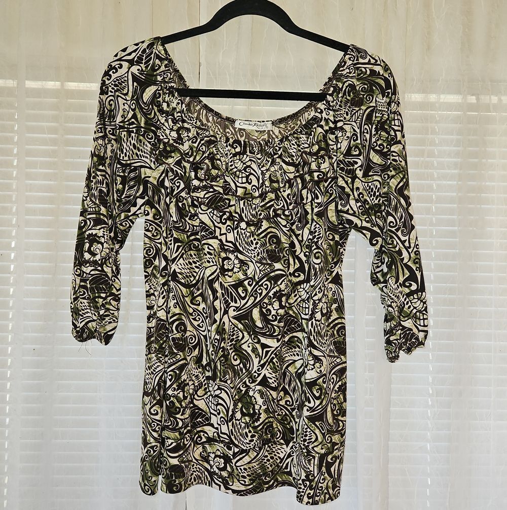 Claudia Richard Olive Green and Black Patterned Tunic Top